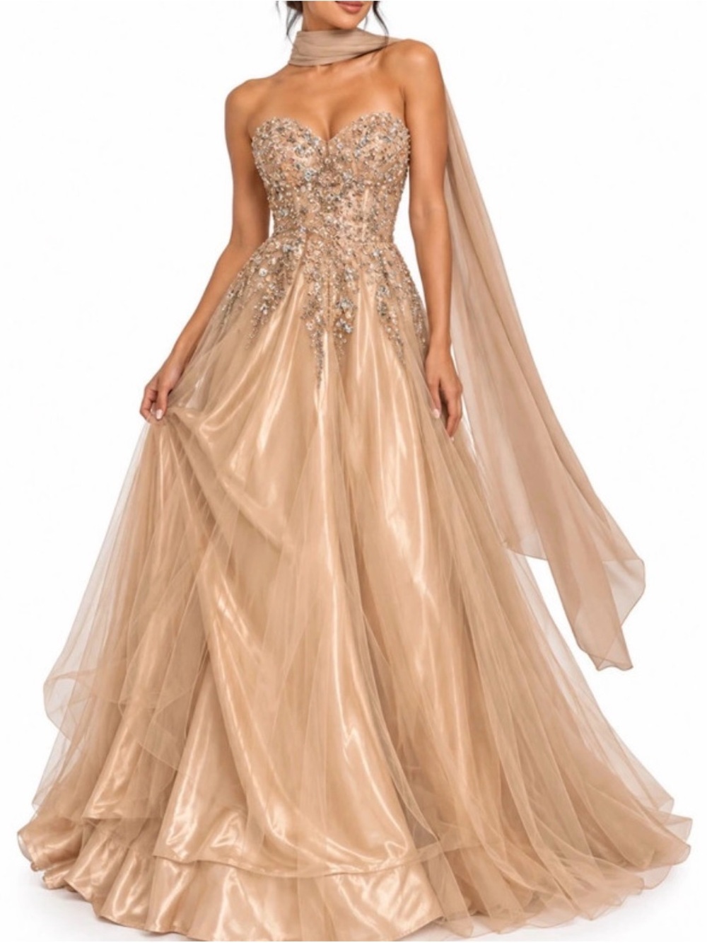 SHEIN Strapless Beaded Ball Gown in Champagne Gold